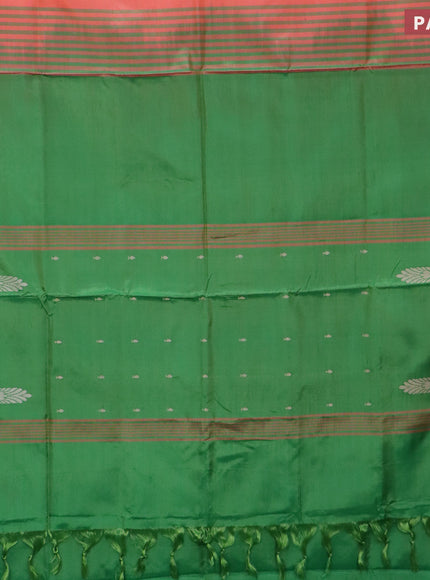 Banana pith saree peach pink shade and green with thread woven buttas in borderless style