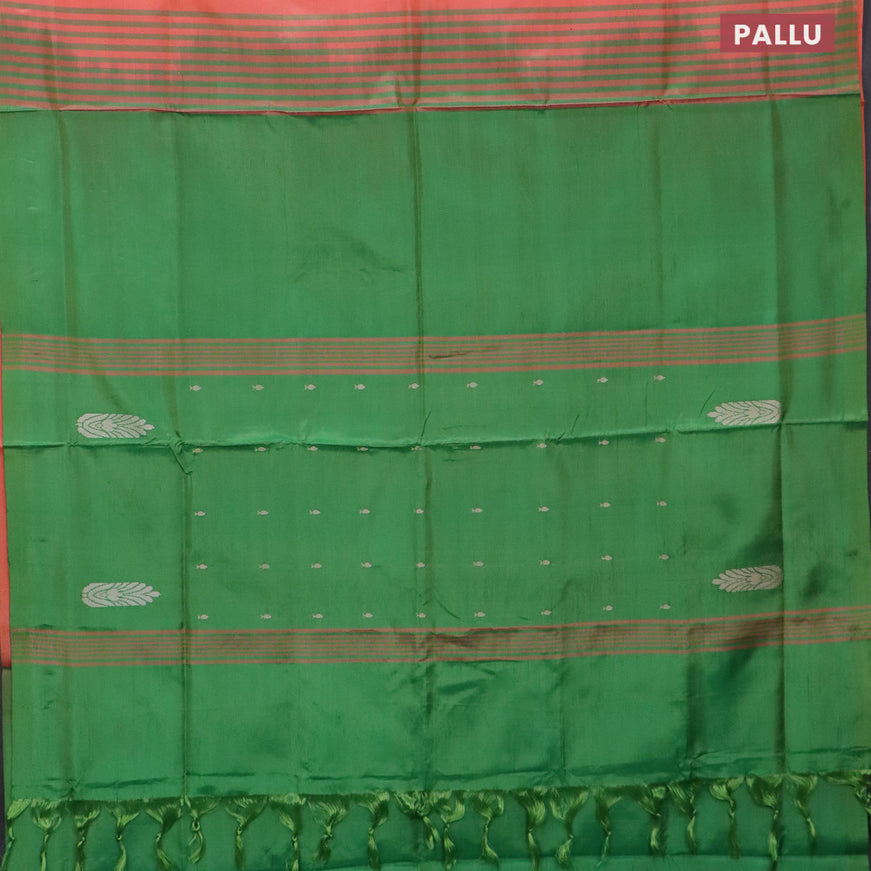 Banana pith saree peach pink shade and green with thread woven buttas in borderless style