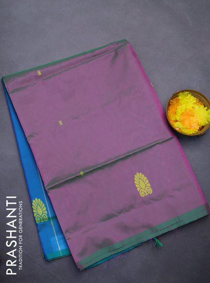 Banana pith saree dual shade of purple and dual shade of bluish green with thread woven buttas in borderless style