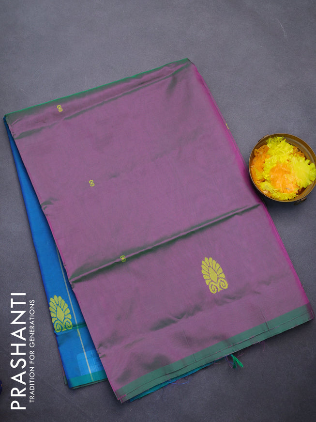 Banana pith saree dual shade of purple and dual shade of bluish green with thread woven buttas in borderless style