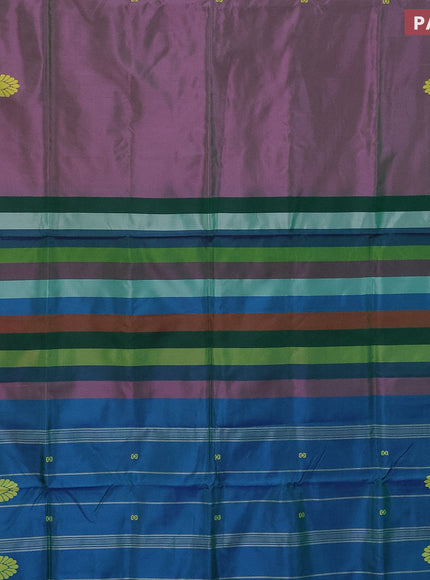 Banana pith saree dual shade of purple and dual shade of bluish green with thread woven buttas in borderless style