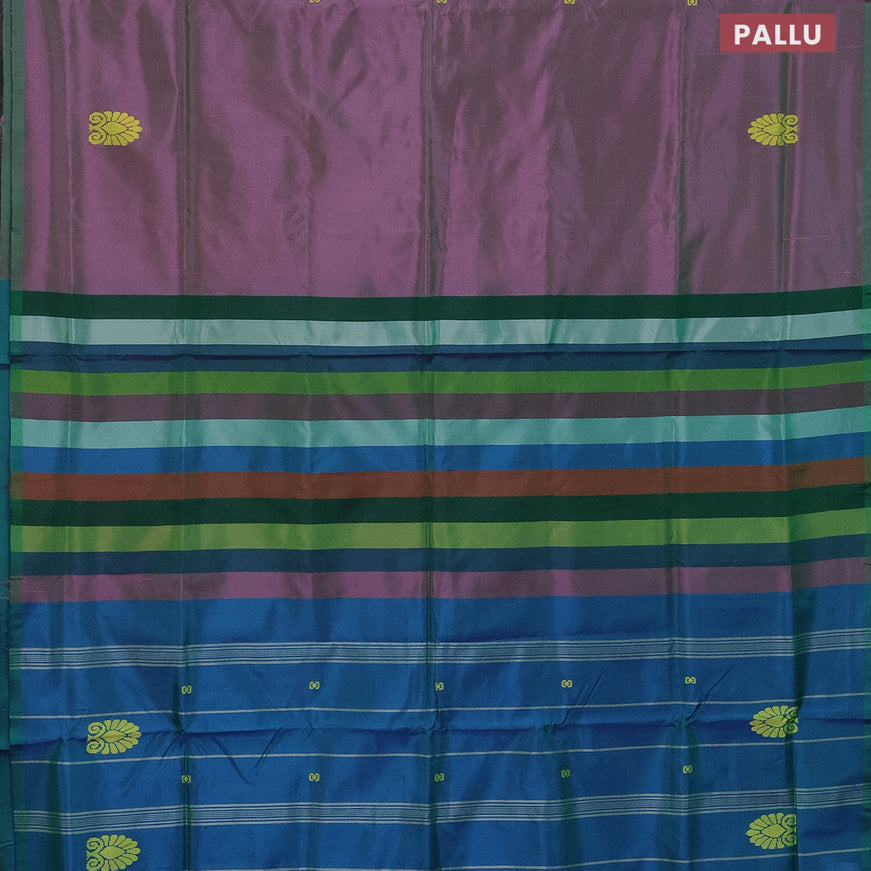 Banana pith saree dual shade of purple and dual shade of bluish green with thread woven buttas in borderless style