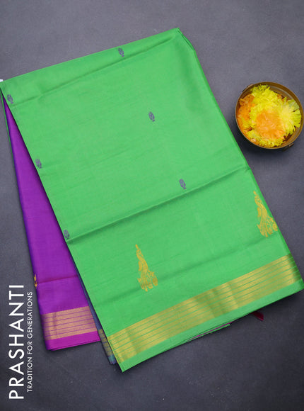 Banana pith saree parrot green and purple with thread woven buttas and zari woven border