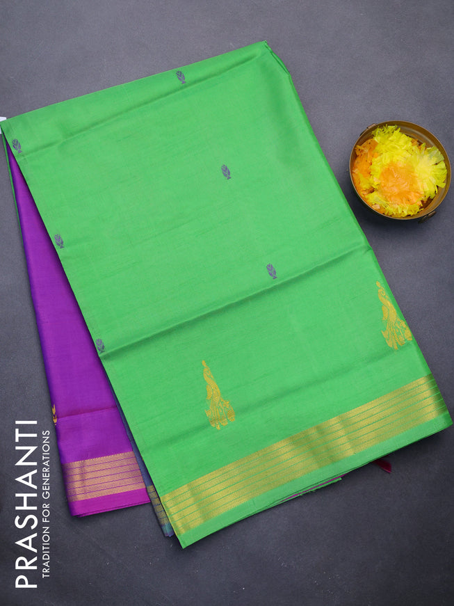 Banana pith saree parrot green and purple with thread woven buttas and zari woven border