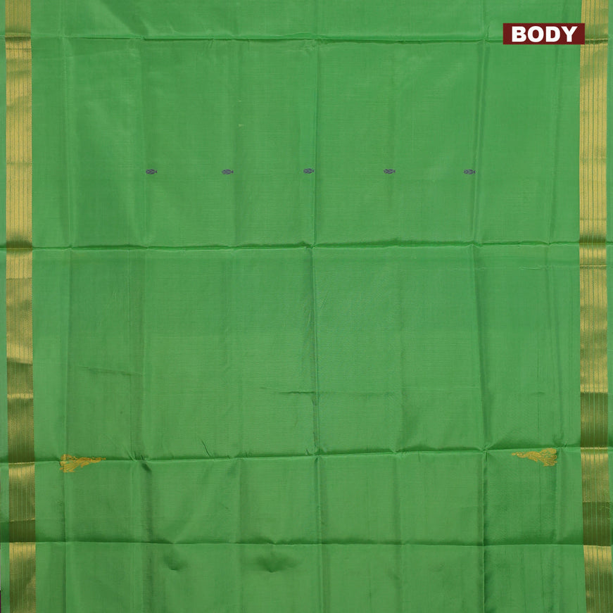 Banana pith saree parrot green and purple with thread woven buttas and zari woven border