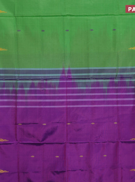 Banana pith saree parrot green and purple with thread woven buttas and zari woven border