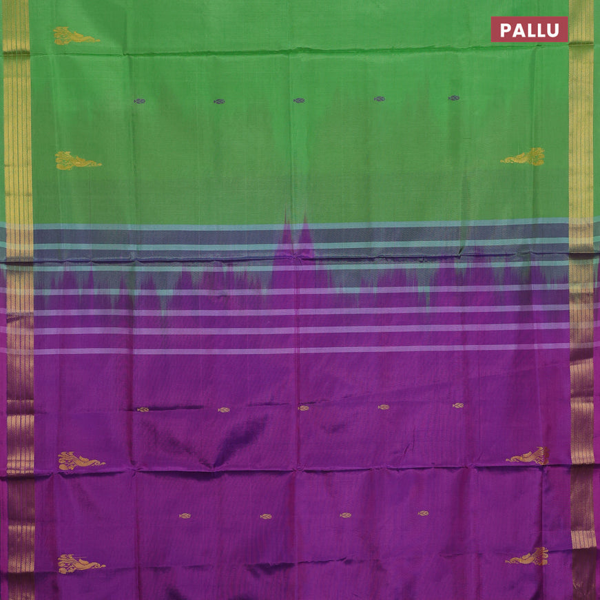 Banana pith saree parrot green and purple with thread woven buttas and zari woven border