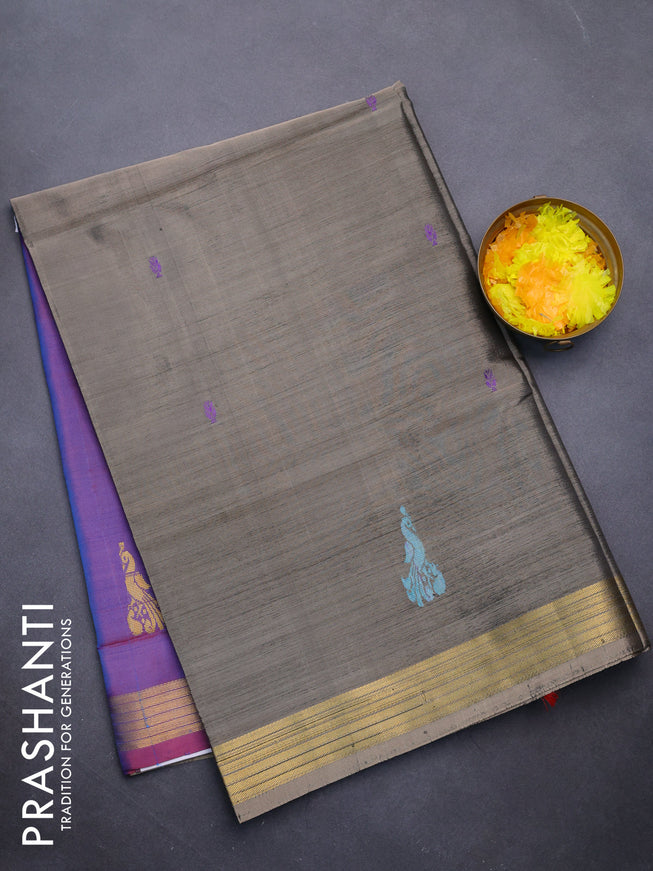 Banana pith saree grey shade and dual shade of bluish maroon with thread woven buttas and zari woven border