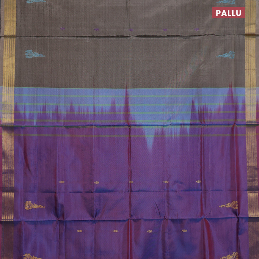 Banana pith saree grey shade and dual shade of bluish maroon with thread woven buttas and zari woven border