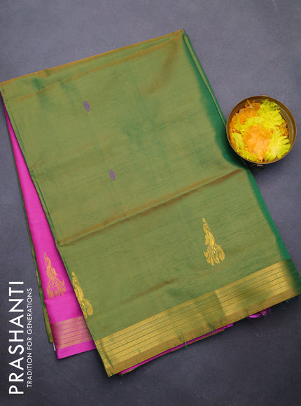 Banana pith saree mustard green and pink with thread woven buttas and zari woven border