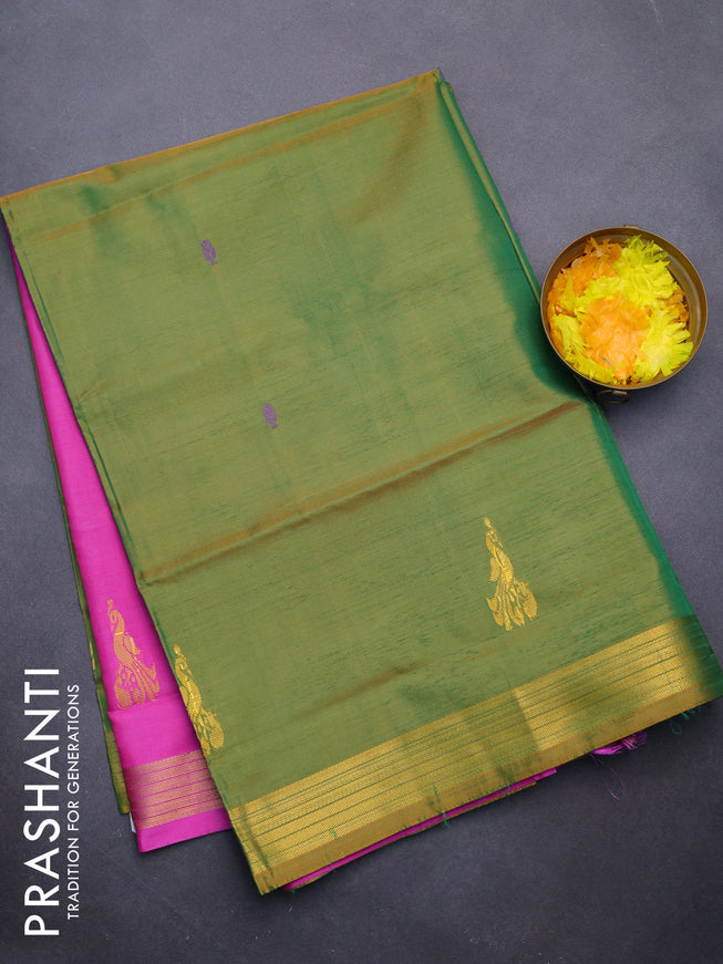 Banana pith saree mustard green and pink with thread woven buttas and zari woven border