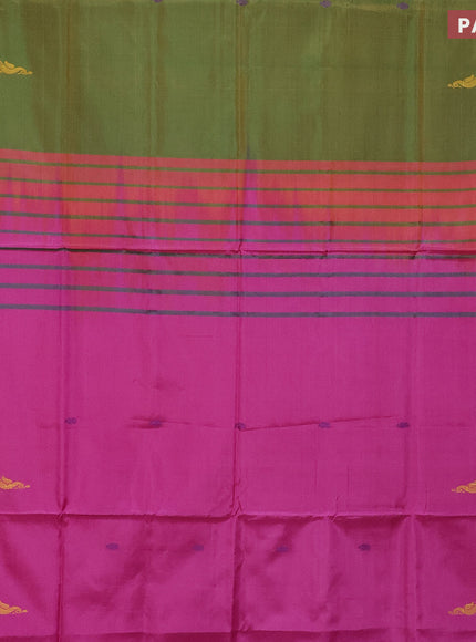 Banana pith saree mustard green and pink with thread woven buttas and zari woven border