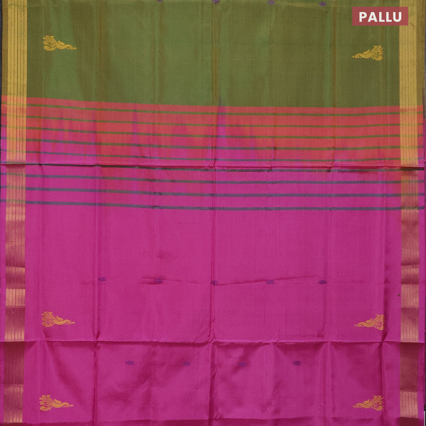 Banana pith saree mustard green and pink with thread woven buttas and zari woven border