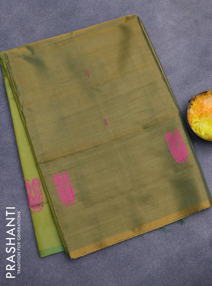 Banana pith saree dual shade of mustard and lime green with thread woven buttas in borderless style