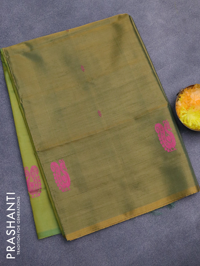 Banana pith saree dual shade of mustard and lime green with thread woven buttas in borderless style