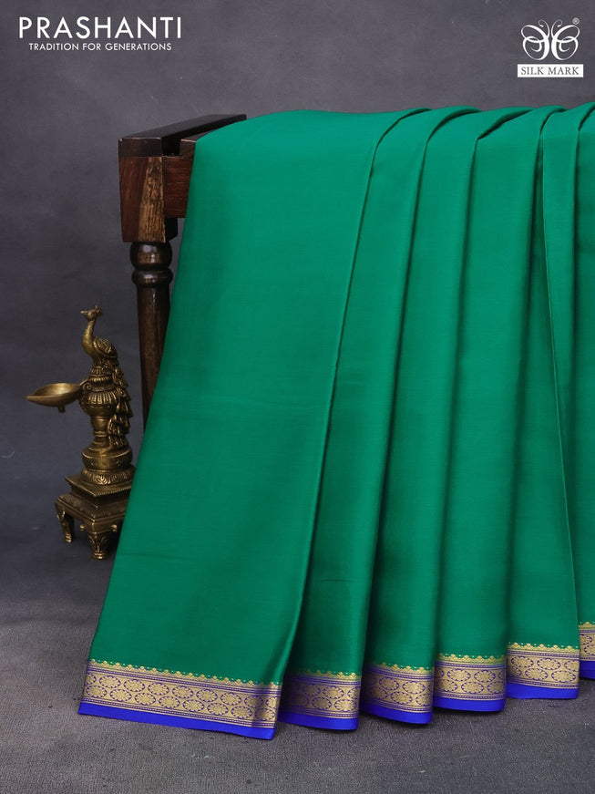 Pure mysore silk saree green and royal blue with plain body and zari woven border