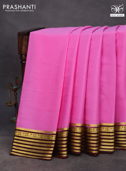 Pure mysore silk saree light pink and coffee brown with plain body and zari woven border