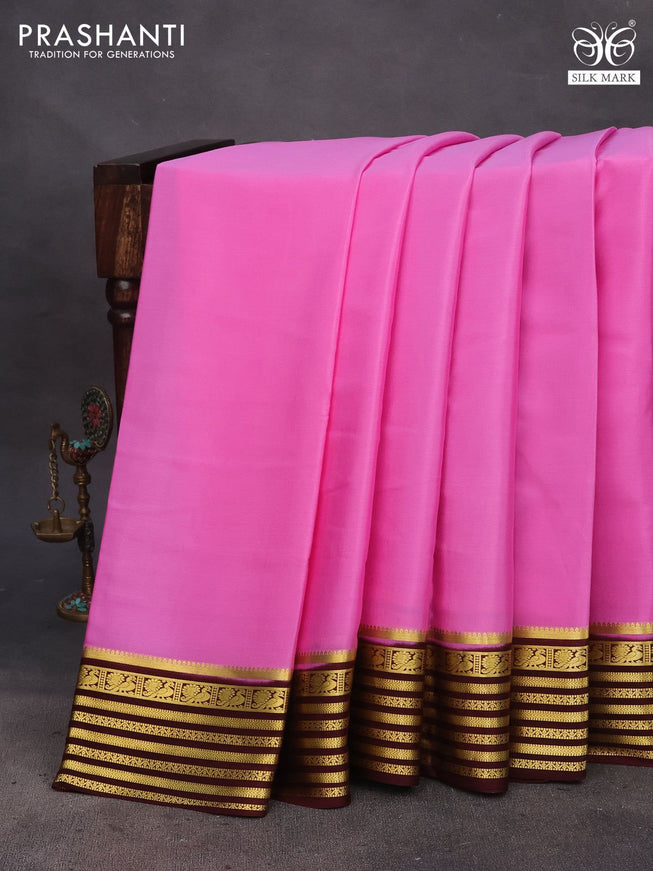 Pure mysore silk saree light pink and coffee brown with plain body and zari woven border