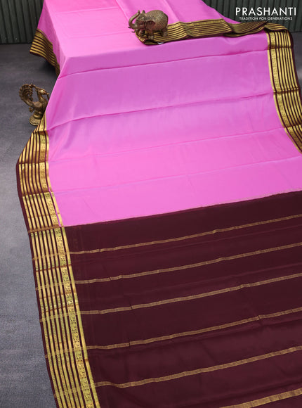 Pure mysore silk saree light pink and coffee brown with plain body and zari woven border