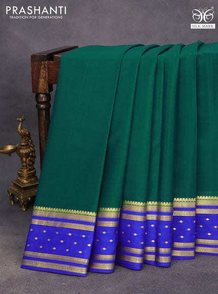 Pure mysore silk saree peacock green and royal blue with plain body and long zari woven border