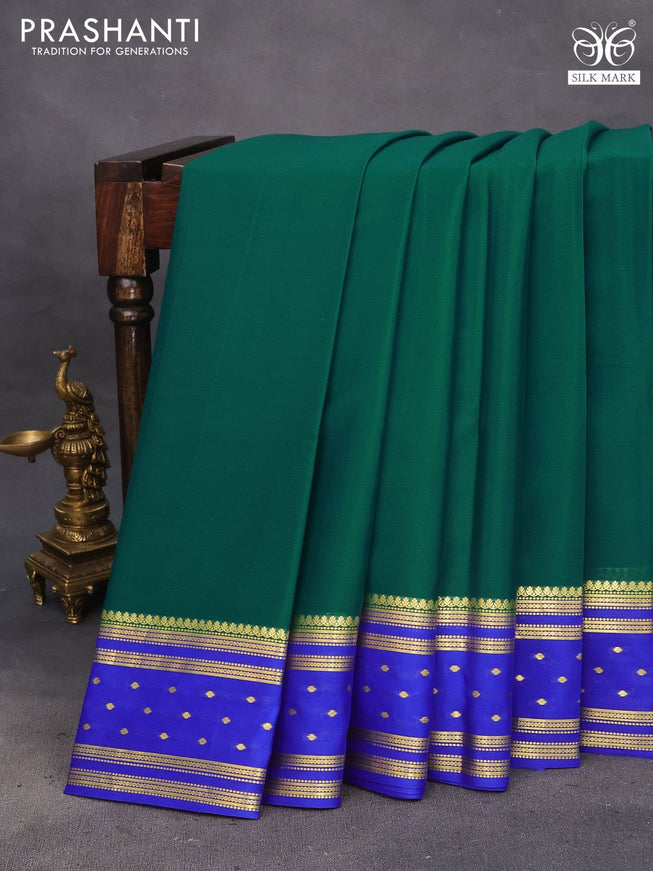 Pure mysore silk saree peacock green and royal blue with plain body and long zari woven border