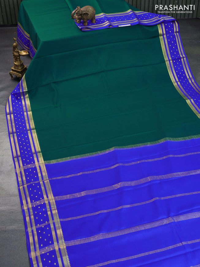 Pure mysore silk saree peacock green and royal blue with plain body and long zari woven border