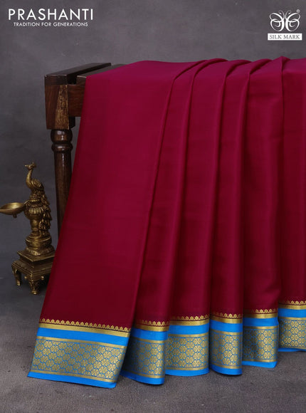 Pure mysore silk saree dark pink and cs blue with plain body and zari woven border