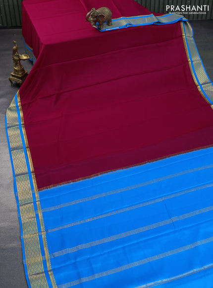 Pure mysore silk saree dark pink and cs blue with plain body and zari woven border