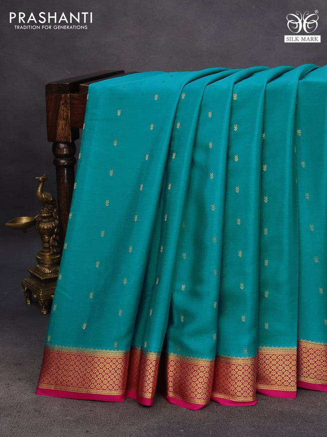 Pure mysore silk saree teal blue and pink with zari woven buttas and zari woven border