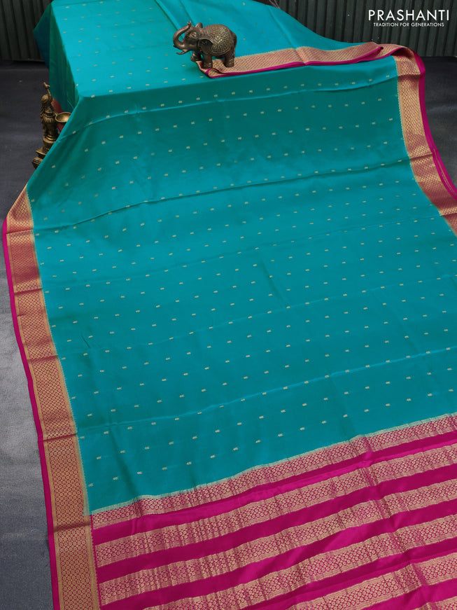 Pure mysore silk saree teal blue and pink with zari woven buttas and zari woven border