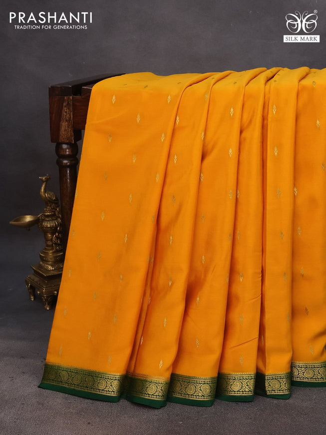 Pure mysore silk saree mango yellow and dark green with allover zari woven buttas and zari woven border