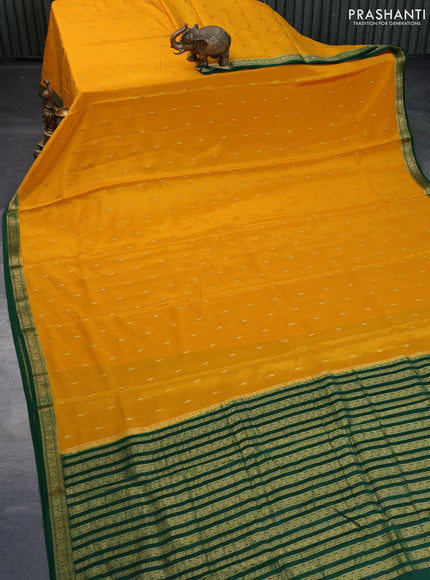 Pure mysore silk saree mango yellow and dark green with allover zari woven buttas and zari woven border