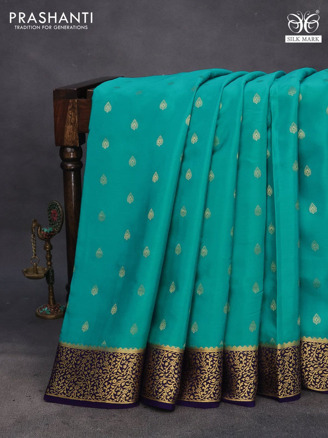 Pure mysore silk saree teal blue and navy blue with allover zari woven buttas and zari woven border