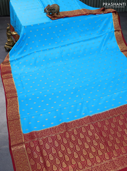 Pure mysore silk saree light blue and maroon with allover zari woven buttas and zari woven border