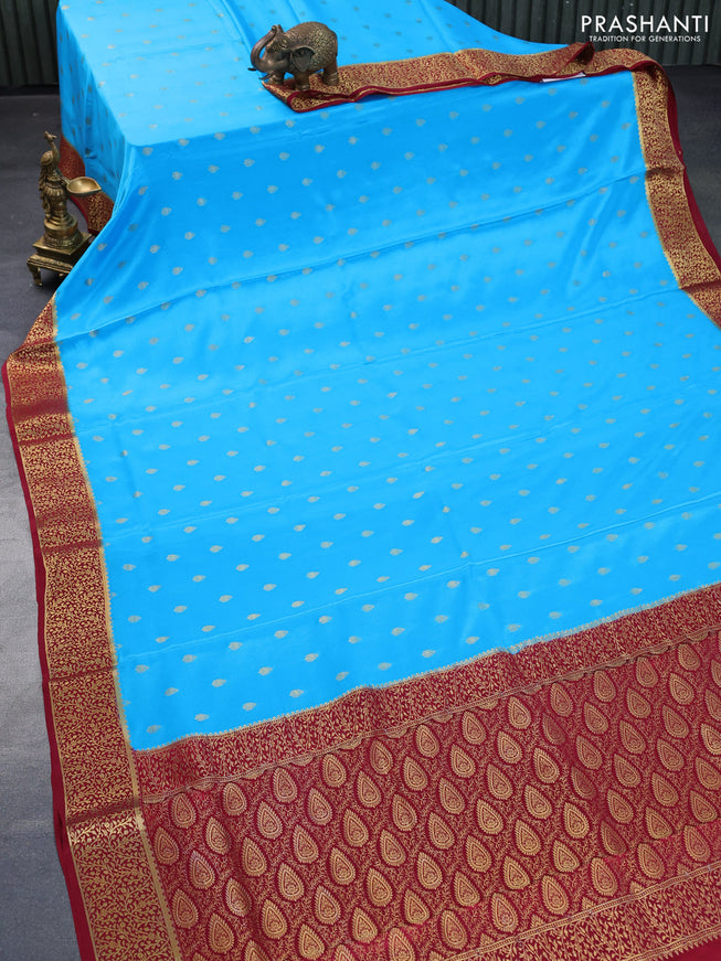 Pure mysore silk saree light blue and maroon with allover zari woven buttas and zari woven border