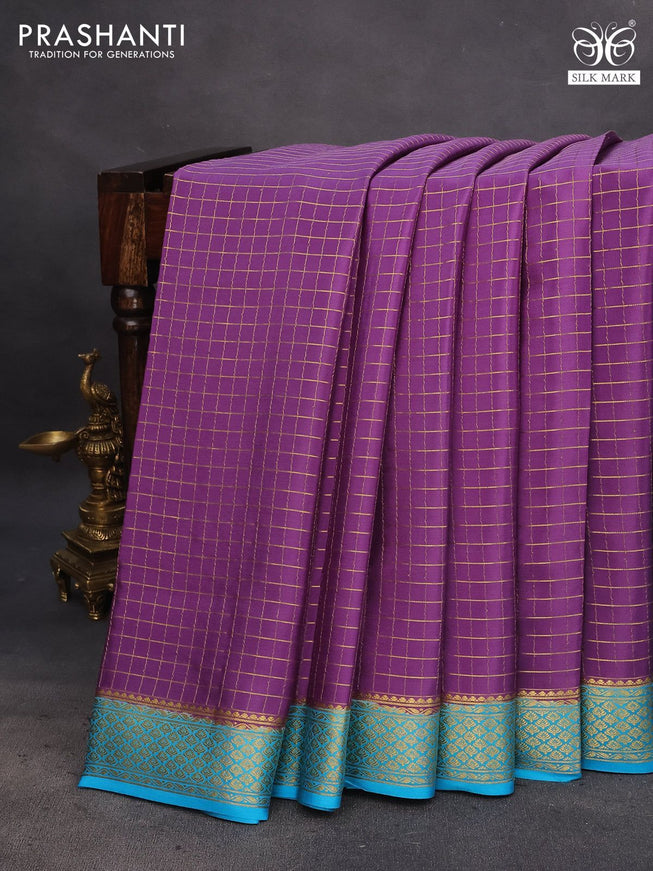 Pure mysore silk saree purple shade and light blue with allover zari woven checked pattern and zari woven border