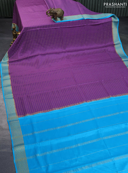 Pure mysore silk saree purple shade and light blue with allover zari woven checked pattern and zari woven border