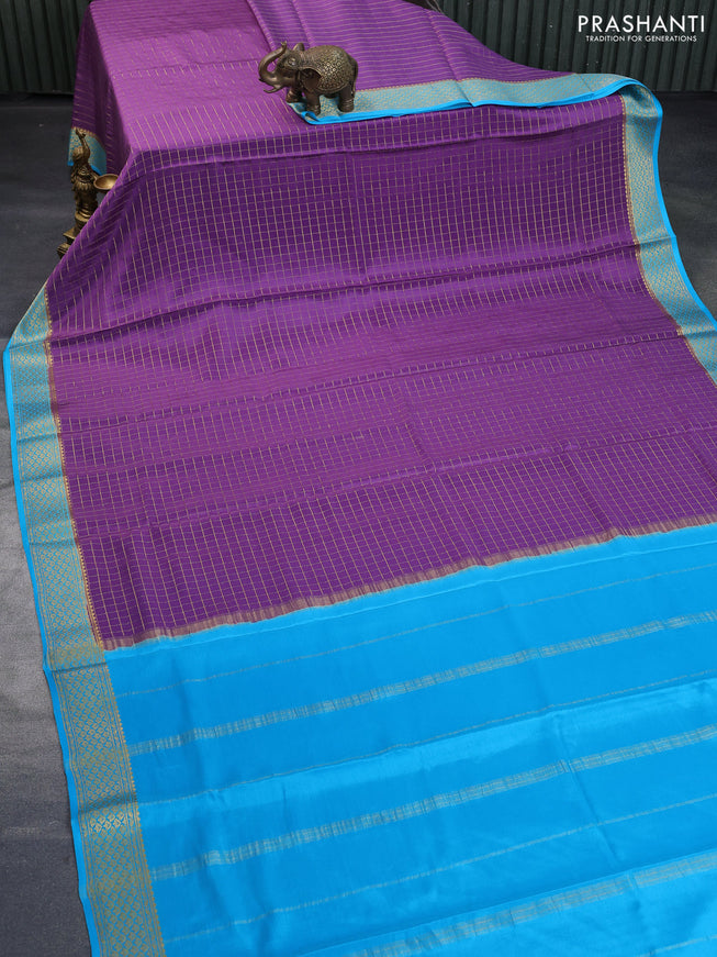 Pure mysore silk saree purple shade and light blue with allover zari woven checked pattern and zari woven border