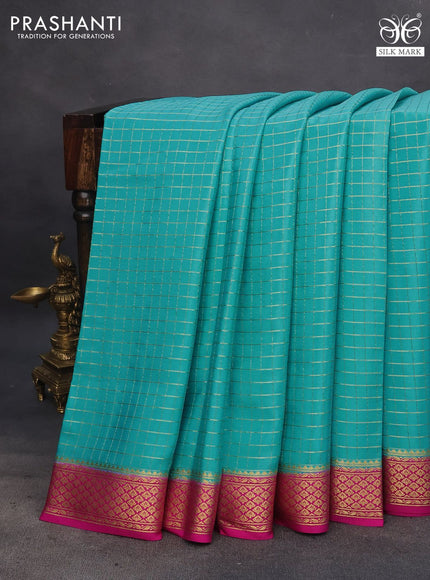 Pure mysore silk saree teal blue and pink with allover zari woven checked pattern and zari woven border