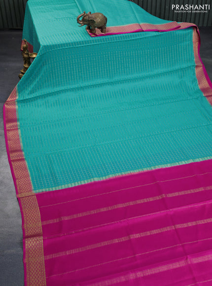 Pure mysore silk saree teal blue and pink with allover zari woven checked pattern and zari woven border