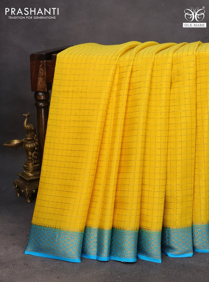 Pure mysore silk saree yellow and light blue with allover zari woven checked pattern and zari woven border