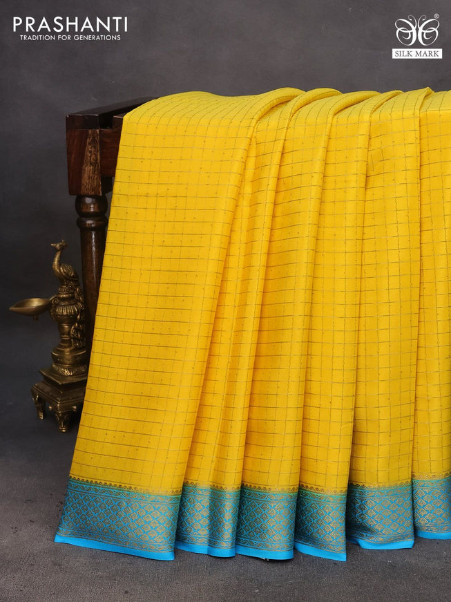 Pure mysore silk saree yellow and light blue with allover zari woven checked pattern and zari woven border