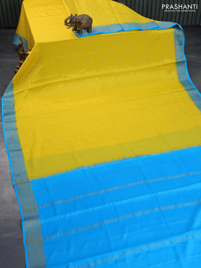 Pure mysore silk saree yellow and light blue with allover zari woven checked pattern and zari woven border