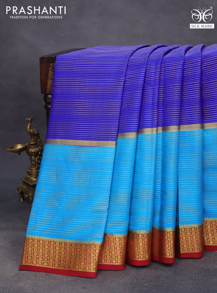 Pure mysore silk saree royal blue and cs blue red with allover zari woven stripes pattern and zari woven border