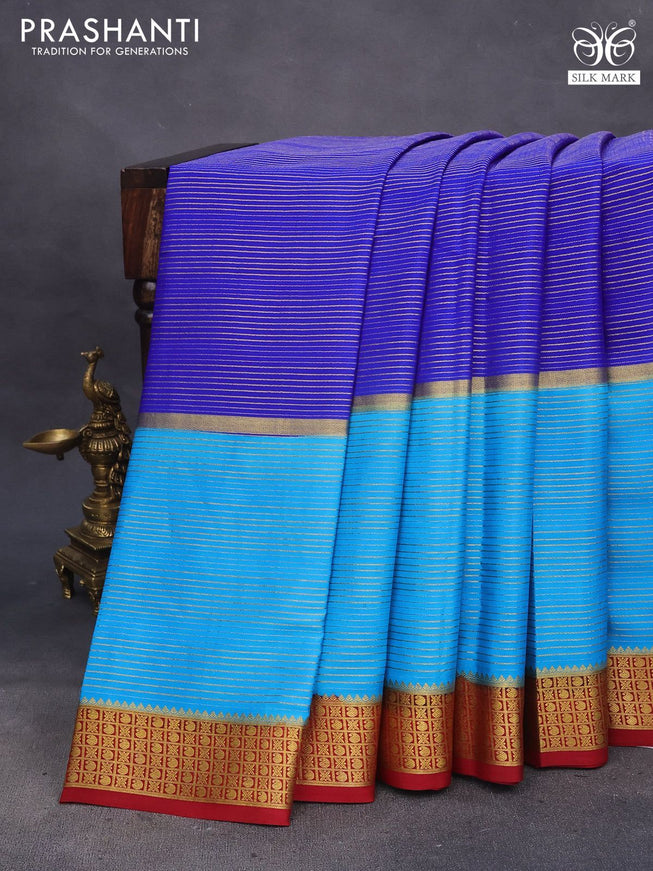 Pure mysore silk saree royal blue and cs blue red with allover zari woven stripes pattern and zari woven border