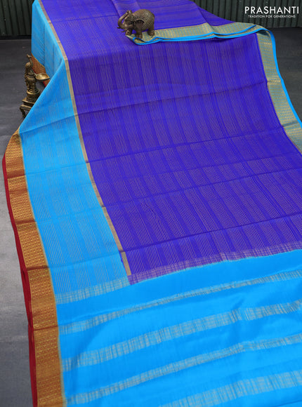 Pure mysore silk saree royal blue and cs blue red with allover zari woven stripes pattern and zari woven border