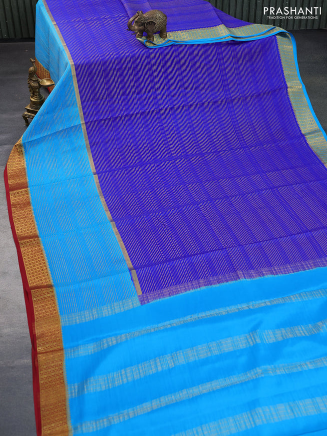 Pure mysore silk saree royal blue and cs blue red with allover zari woven stripes pattern and zari woven border