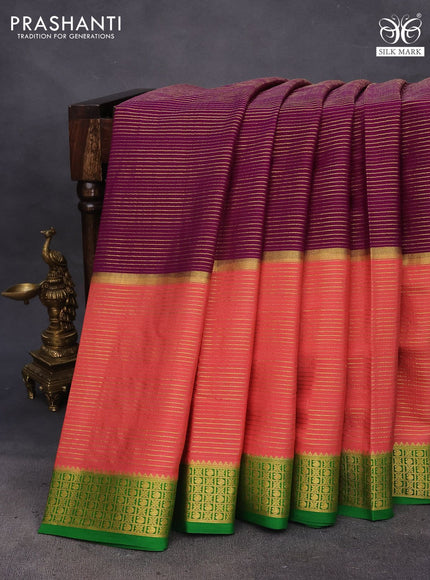 Pure mysore silk saree purple and peach shade green with allover zari stripe weaves and zari woven ganag jamuna border