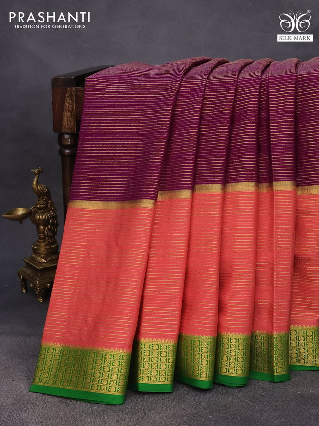 Pure mysore silk saree purple and peach shade green with allover zari stripe weaves and zari woven ganag jamuna border