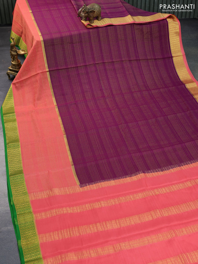 Pure mysore silk saree purple and peach shade green with allover zari stripe weaves and zari woven ganag jamuna border